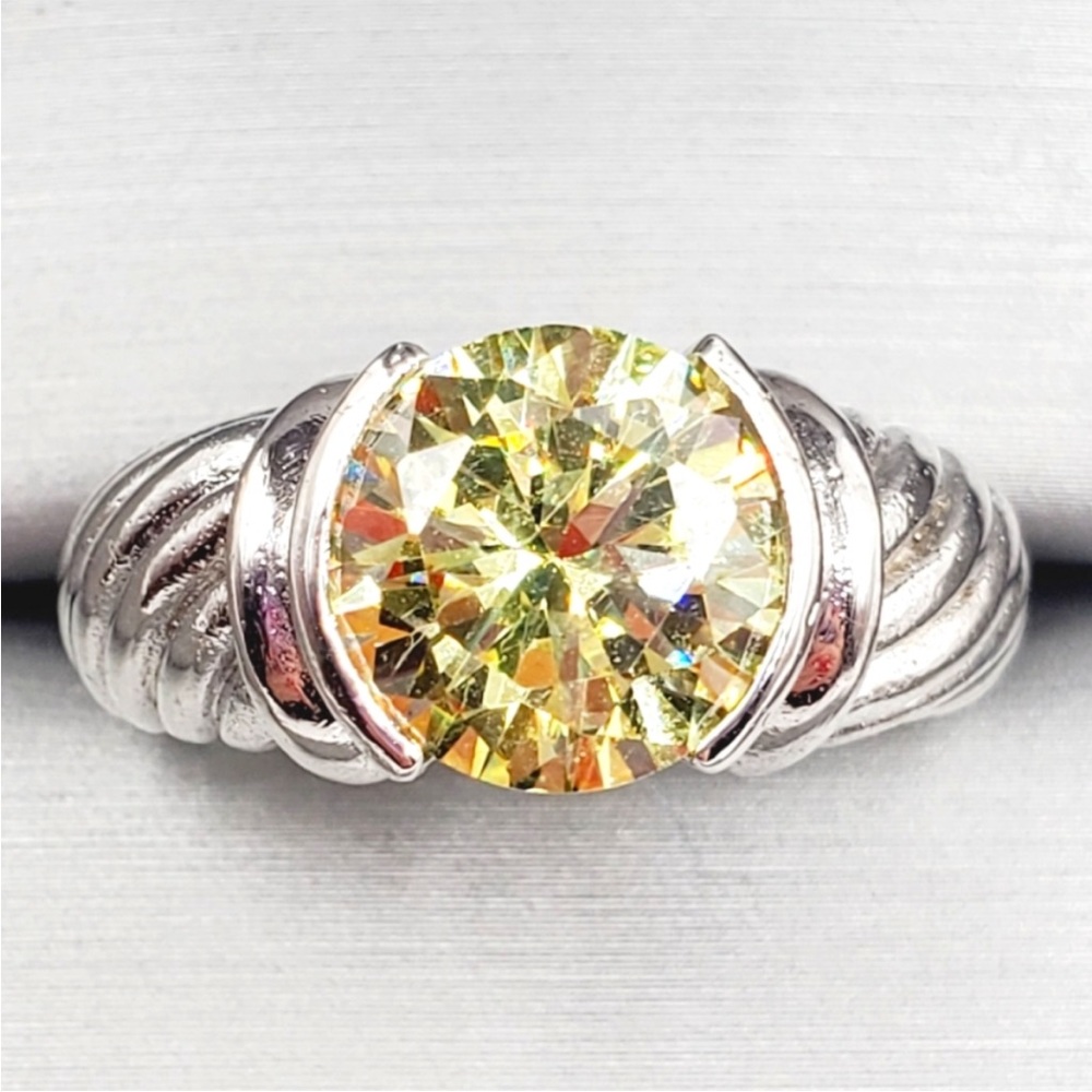 Round Cut Yellow Diamond Simulant Silver Tone Rope Band Ring